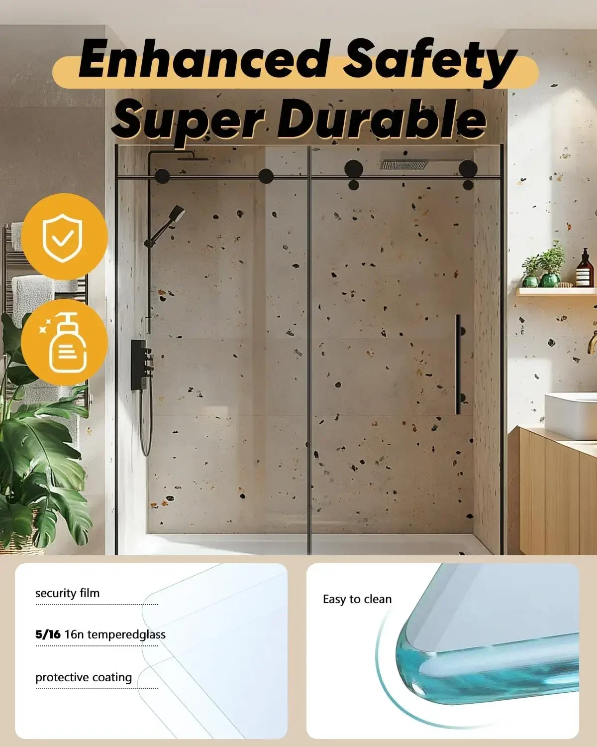 Frameless 56-60" W x 74" H Single Sliding Shower Door, Matte Black, 5/16" SGCC Tempered Glass, Soft-Close, Adjustable Width 2
