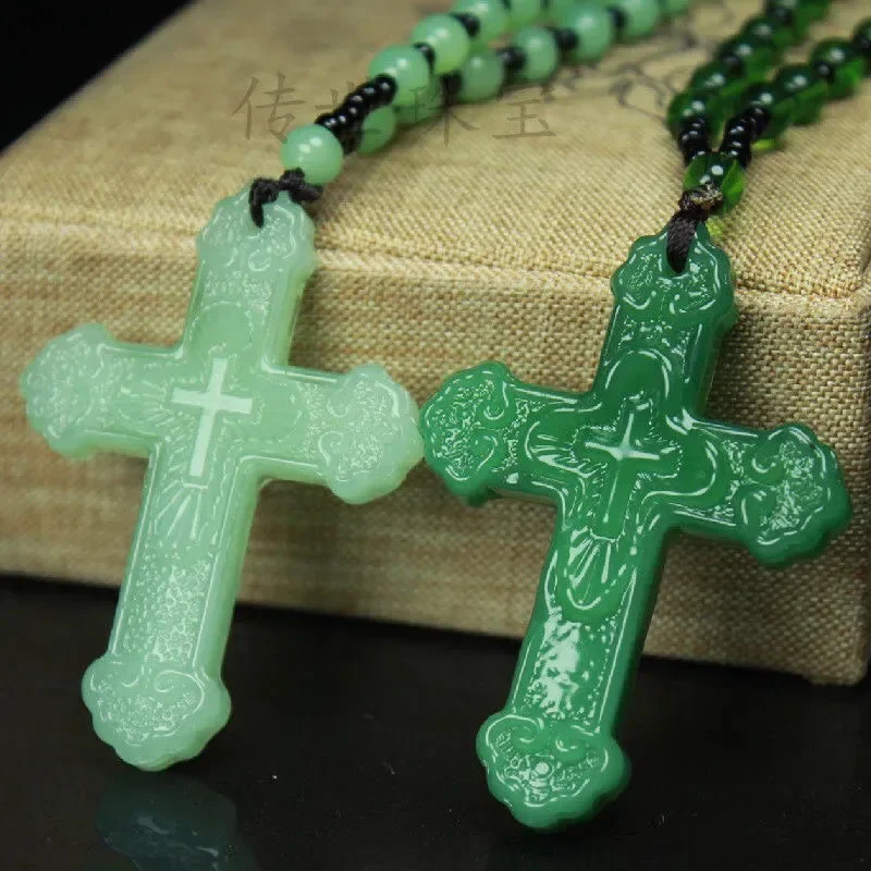 Chinese Natural Green Jade Cross Pendant Necklace