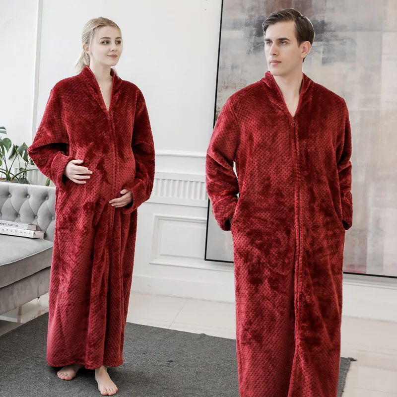 

Home Clothing Couple Bathrobe Winter Warm Long Sleeve Bath Robe Burgundy Flannel Kimono Dressing Gown