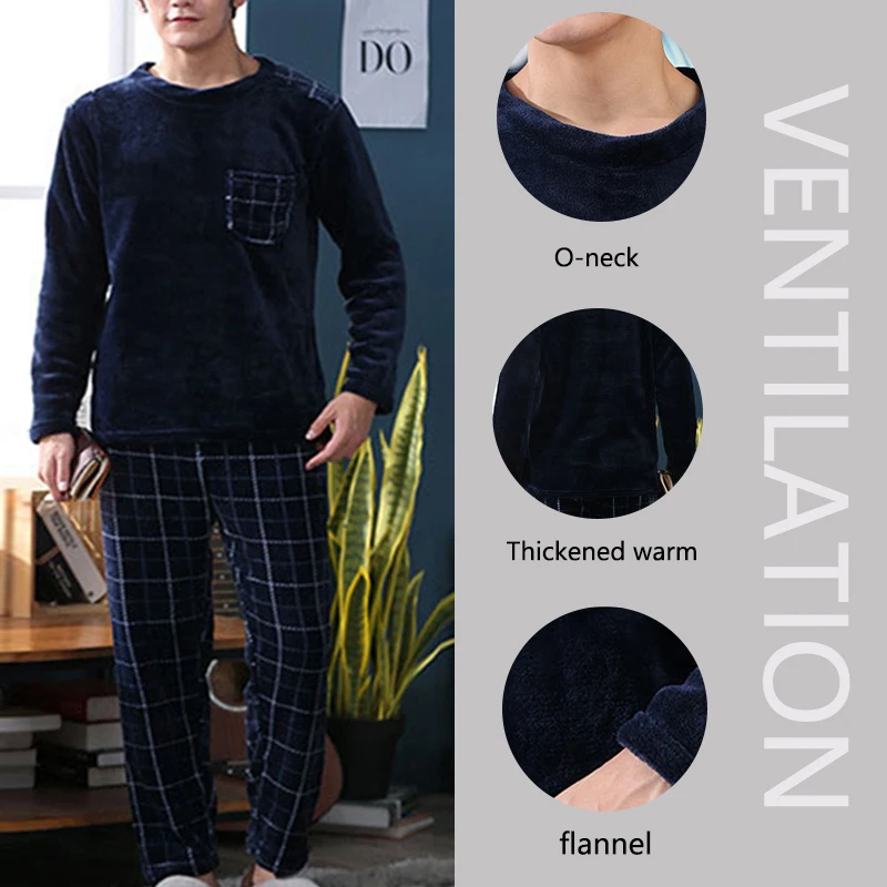 Man Pajamas Set 2pcs/Set Fall And Winter Facecloth Men's Pajamas Padded Thickened Warm Long-Sleeved Teenagers Coral Fleece Homewear boy clothes