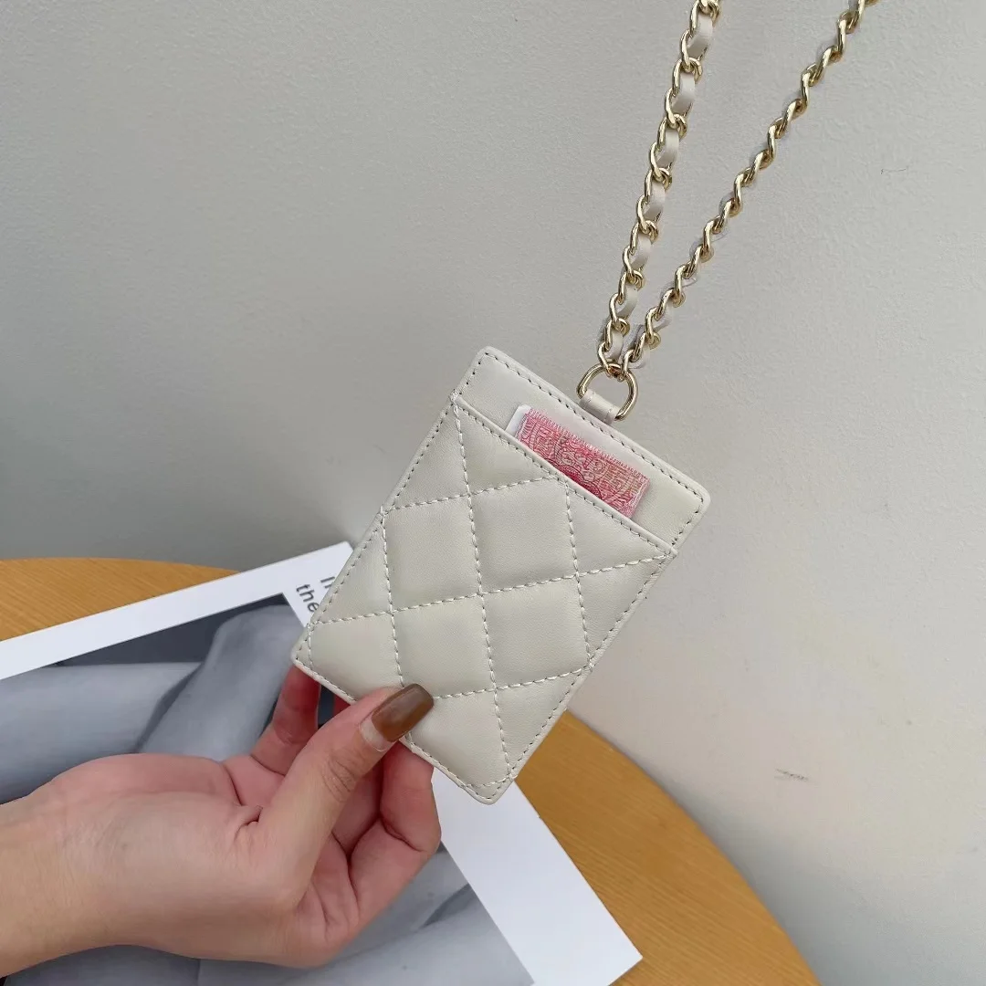 Korean version fashion simple work card set ultra-thin sheepskin mini ID card set genuine leather halter chain card holder