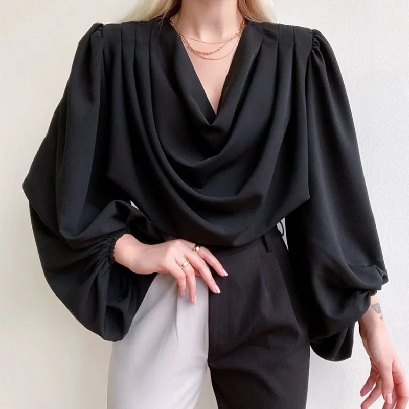 

Spring Long Sleeve Satin Blouse Autumn Loose Clothes Elegant Office Lady Pile Collar White Shirt Women Fashion Tops Blusas 24318