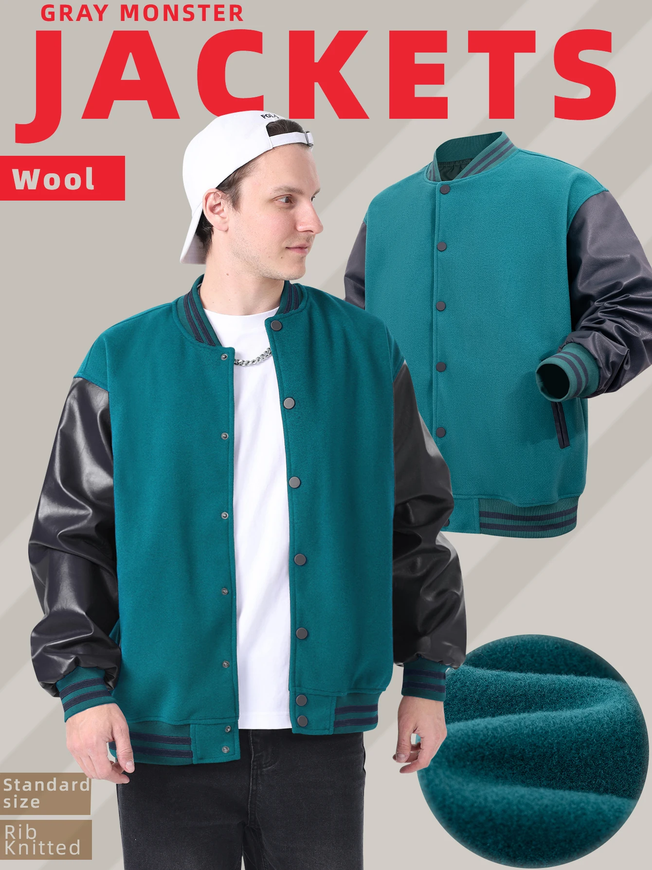 ג'קטים קלאסיים לגברים בסגנון וארסיטי, בייסבול, קולג' ובית ספר גבוה, צמר + עור מזויף, ג'קט בומבר אוניברסלי צבעוני למועדון