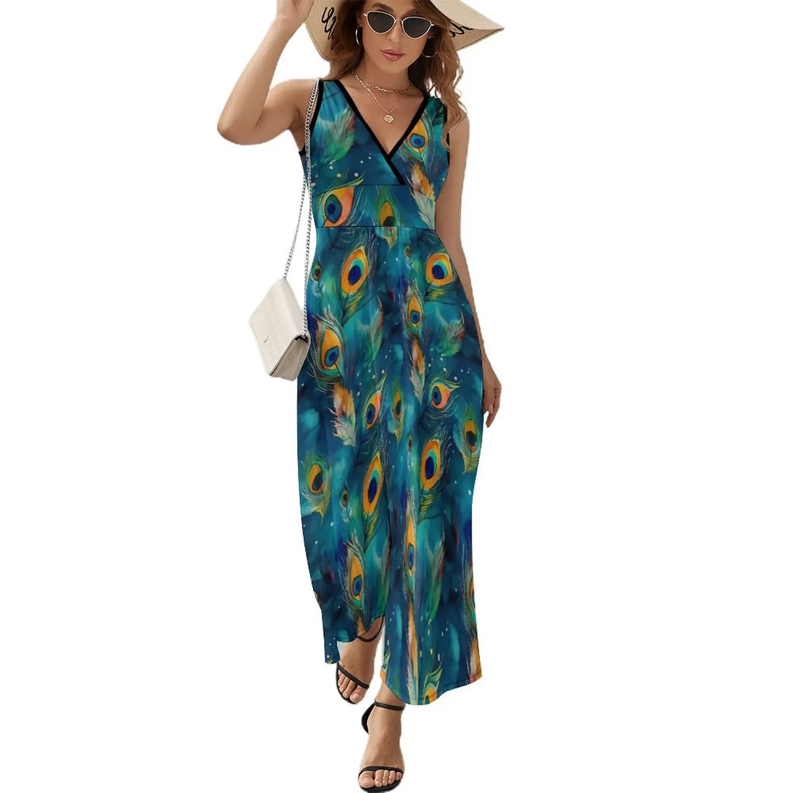 

Watercolor Peacock Feather Dress Summer Abstract Art Street Style Bohemia Long Dresses Female Sleeveless Graphic Cute Maxi Dress