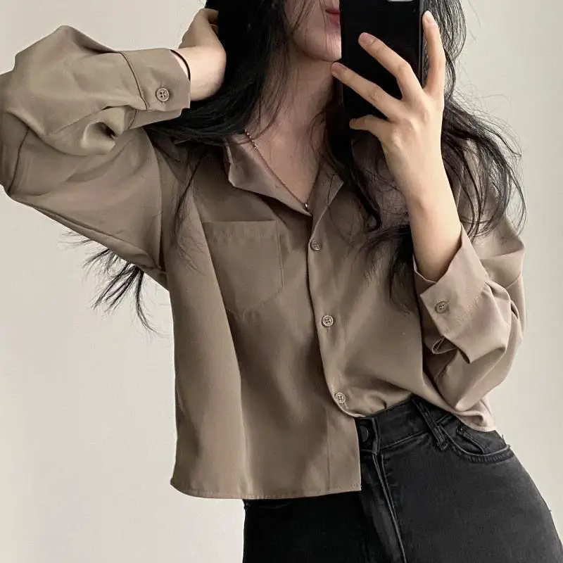

Весенняя новая Корейская короткая рубашка Топы с длинным рукавом с воротником-поло однотонная свободная универсальная Молодежная блузка модная повседневная женская одежда