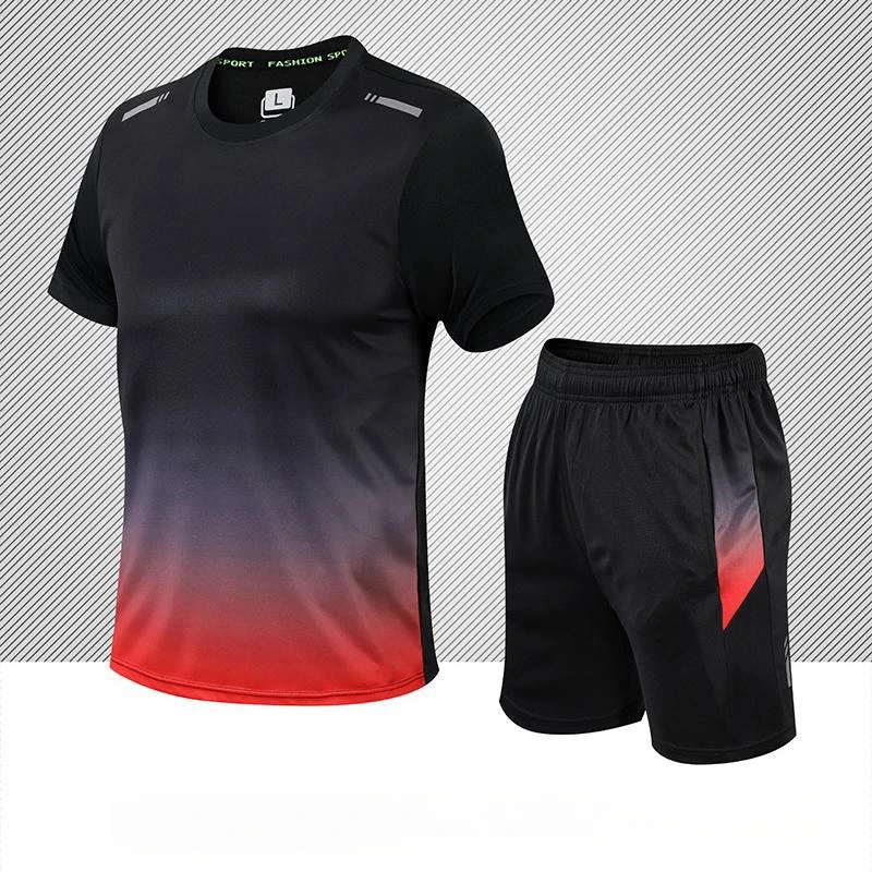 Summer Men's Sports Suit Gradient Quick Drying Thin Short Sleeve Shorts Two Piece Set Fitness Running Training Sportswear