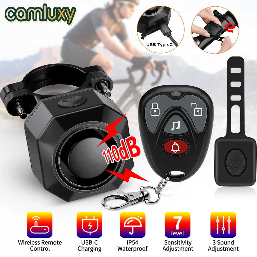 Camluxy Motorcycle Bike Alarm Anti-theft Remote Control 113dB Vibration Alarm Waterproof Scooter Bicycle Burglar Security Alarm