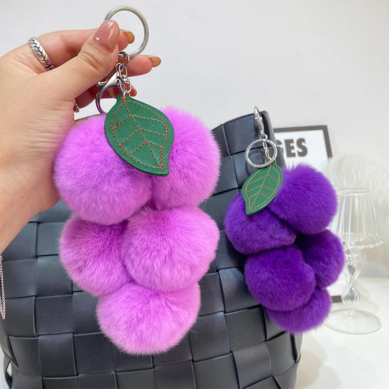 Lovely Grape Pom Poms Keychains Fluffy Pompoms Keychain Rex Rabbit Fur Pompoms  Keyring Car Key Chain Pendant Accesses (2pcs Light Purple + Dark Pur