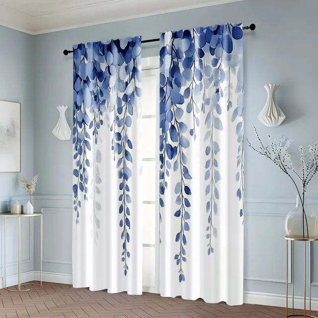 2 pezzi, tende e finestre Trattamento stampa 2D Modello foglia blu Tessuto versatile (senza asta) Versatile Tutto l'uso per il soggiorno, 6
