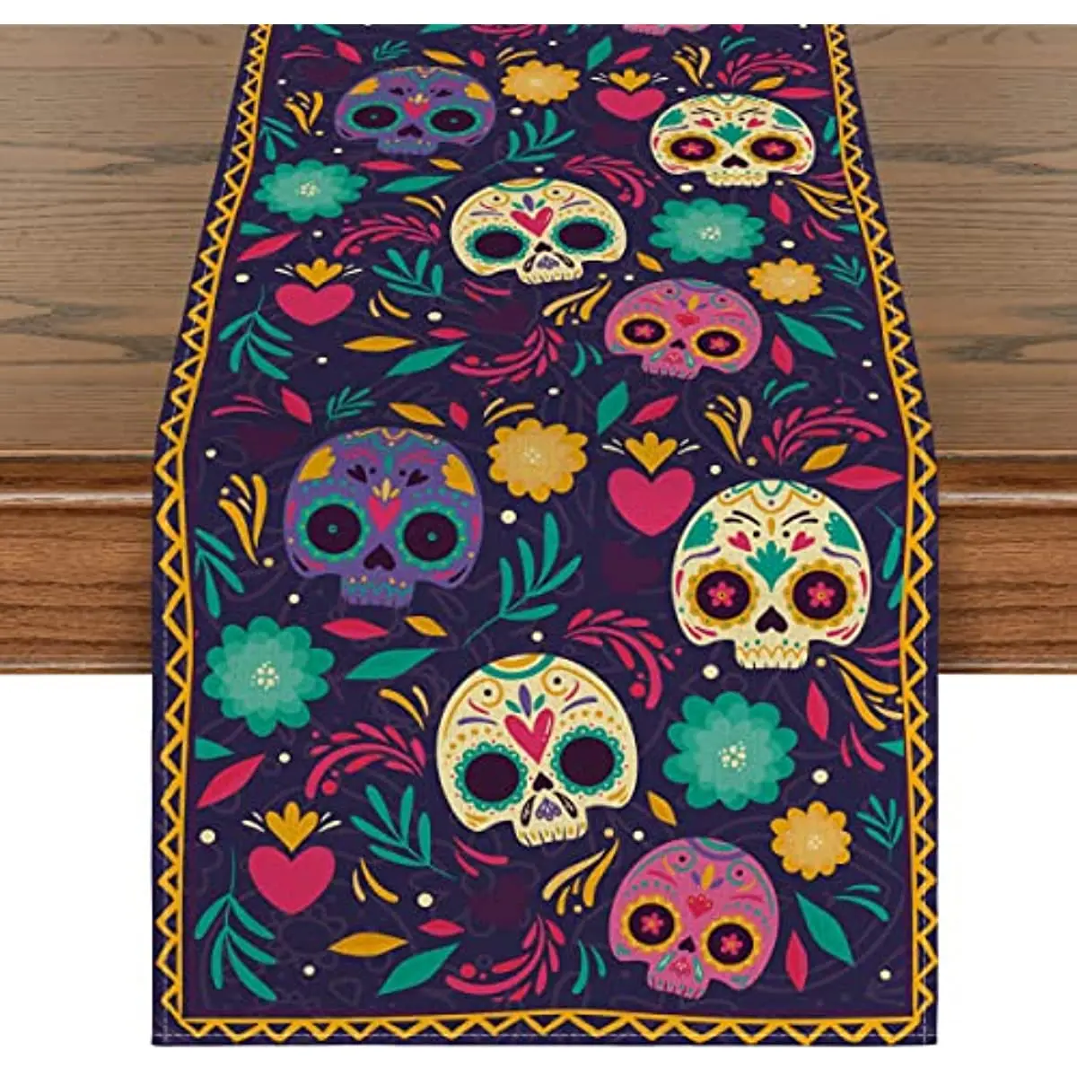 

Watercolor Marigold Skull Pattern Table Runner Linen Stain Resistant Kitchen Dining Table Decor for Outdoor Family Gatherings