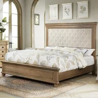 Queen Size Bed Frame with Upholstered Headboard, Solid Wood Mid-Century Platform Bed, Architectural Design, No Box Spring Needed 1