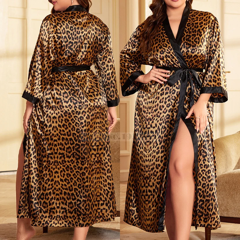 Plus Size Sexy Leopard Kimono Bathrobe Gown Female Long Robe Nightgown Sleepwear Loose Satin Home Dress Lounge Wear 3XL 4XL 5XL