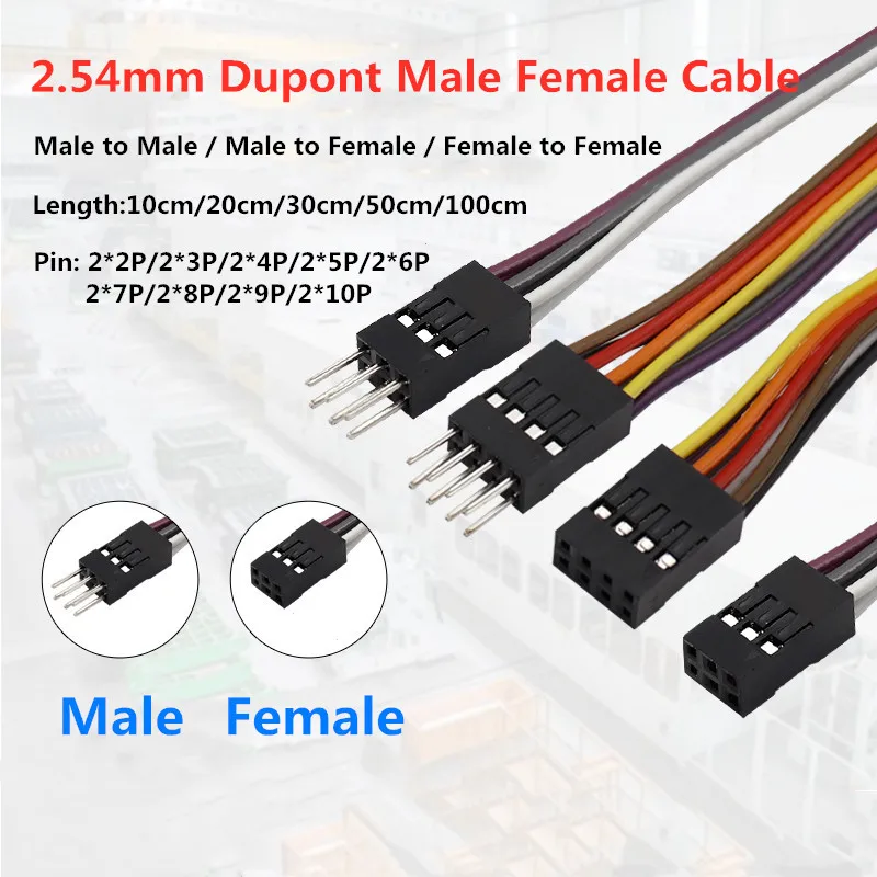 5PCS 2.54MM Dupont Male Female Terminal Wire Double Row Connector Set - 2P/3P/4P/5P/6P/9P/10P Cable Description Image.