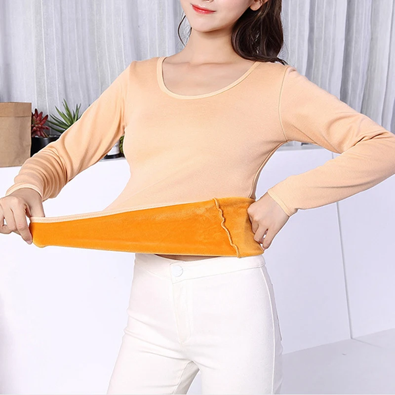 

Winter Underwear O-Neck Basic For Thermos Tops Female Second Skin 2XL Long Sleeve Single Layer Velvet Thermal Clothing For Women