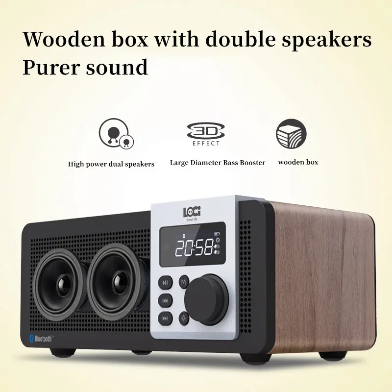

Wooden Wireless Bluetooth Speaker FM Radio USB and TF Card Playback/alarm Clock/breakpoint Memory Clock Alarm Clock Bluetooth