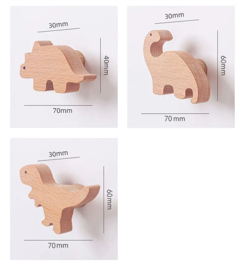 Description Picture 3 of itemWood Handle Knob dinosaur Shape Cupboard Wardrobe Cabinet Drawer Door Solid Wooden Handles Knobs for Kids Furniture 7Pcs