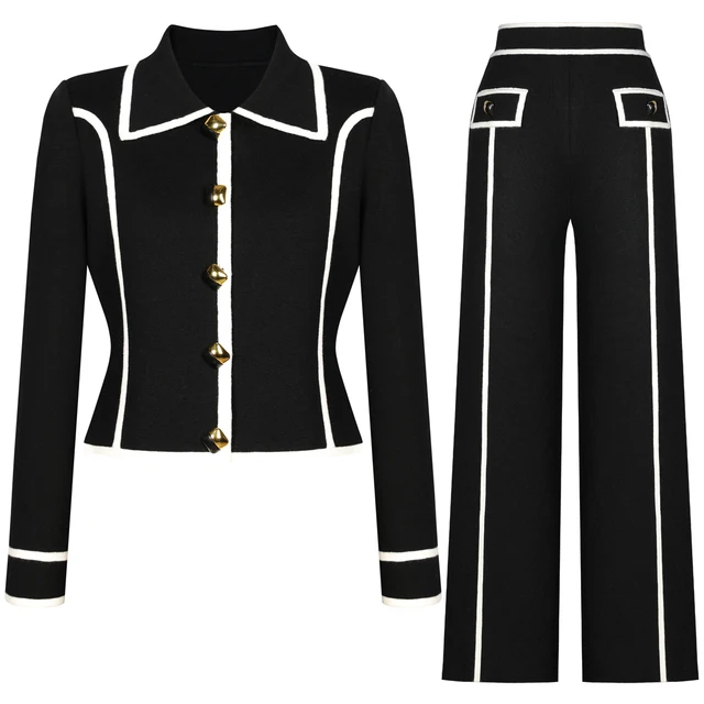 High Quality And Fashionable New Knitted Patchwork Lapel Button Long Sleeved Cardigan Straight Leg Pants Women's Suit