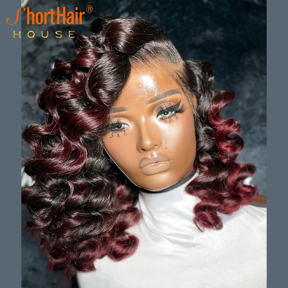99J Highlight 13x6 Lace Frontal Human Hair Wigs Pre Plucked Bouncy Curly Lace Frontal Wigs For Women Deep Wave Bob Wig Brazilian