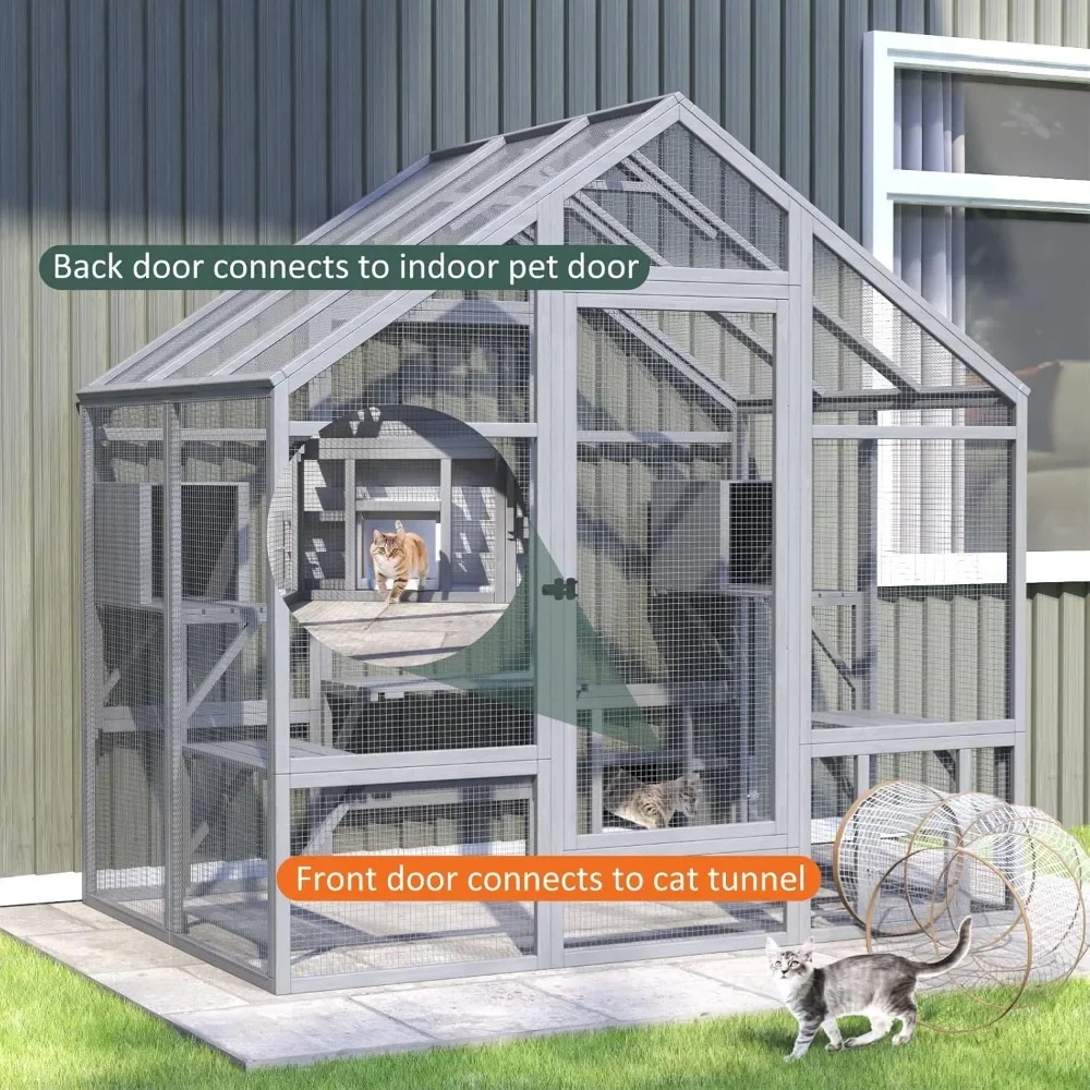 Outdoor Cat House, Outdoor Catio for Multiple Cats with 7 Platforms, 2 Resting Box, Outside Cat House with Weatherproof Cover