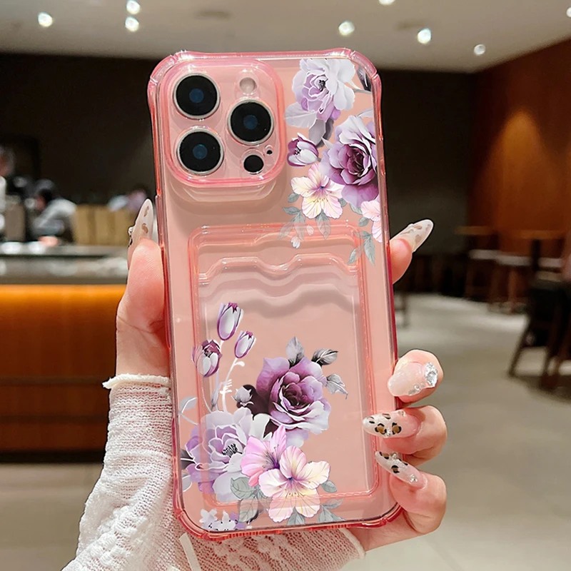 Floral Shockproof Silicone Phone Case with Card Slot Pocket
