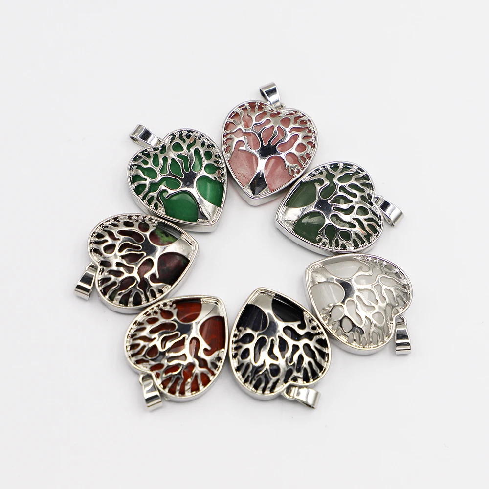 Natural Stone Crystal Agate Heart Alloy Tree Of Life Pendant Fashion Personality Hollowed Out Necklace Jewelry Accessories 8Pcs