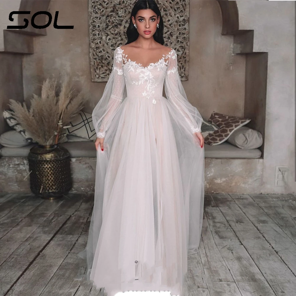 

Sol Elegant V-Neck Long Puff Sleeves A-Line Wedding Dress For Bride 2024 Lace Appliques Illusion Back Tulle Vestido De Novia
