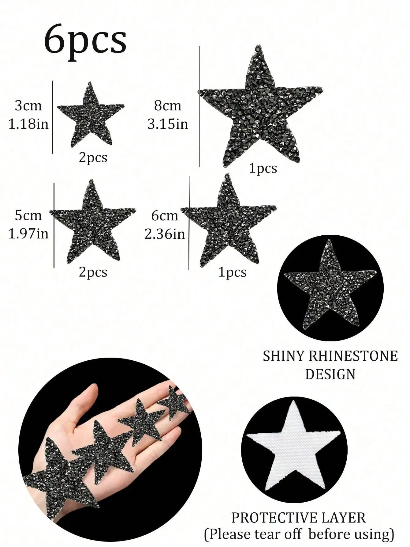 6pcs- Ironed Star Patch Multi-size Sticky Star Patch Resin Rhinestone Star Decal DIY for clothing jeans restoration decoration