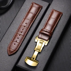 Elegant Genuine Leather Men's Watch Strap with Metal Butterfly Buckle - 22mm (Brown - Gold)