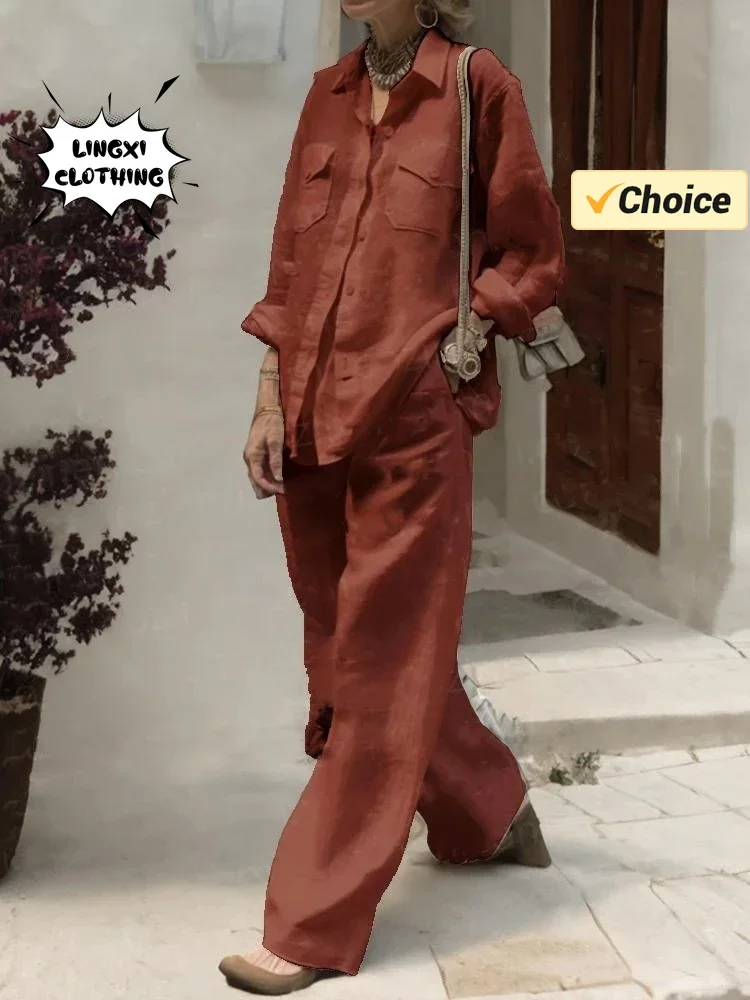2024 Summer Fashion Women's New Style Matching Series Flip Collar Solid Color Pocket Shirt Wide Leg Pants Two Piece Set