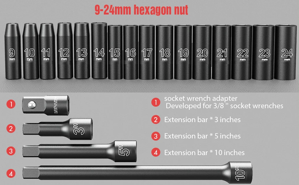 METERK 10PCS/20PCS Impact Socket Set 1/2" Drive Metric For Air Pneumatic Socket Metric Drive Deep Socket Wrench Repair Tools 4