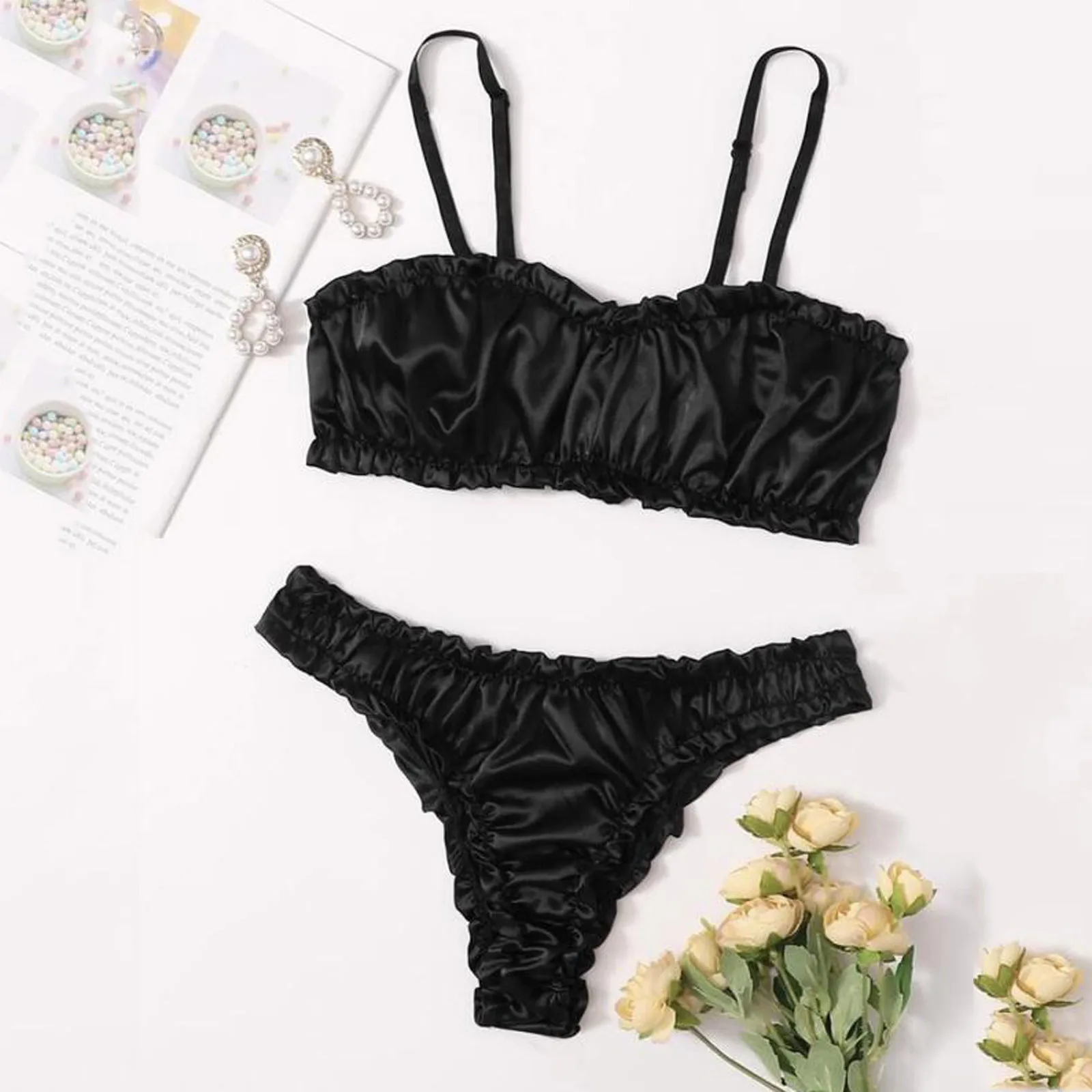 Sexy Silk Satin Fashion Lingerie Set Women Solid Black Spaghetti Strap Elastic Wireless Bra Thong Slip Comfortable Underwear Set