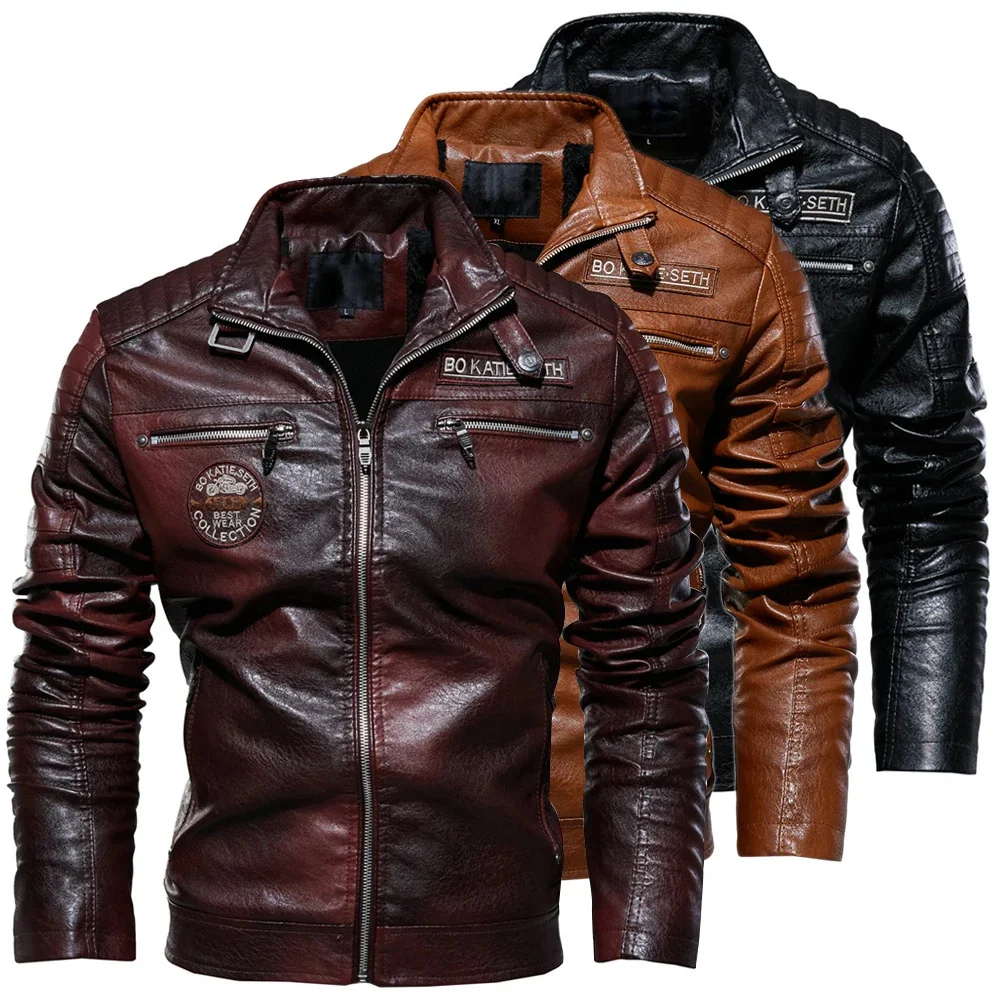 

Leather Jacket Men Winter Fleece Motorcycle Clothing PU Mens Stand Collar Casual Retro Biker Rider Slim Coat 7XL