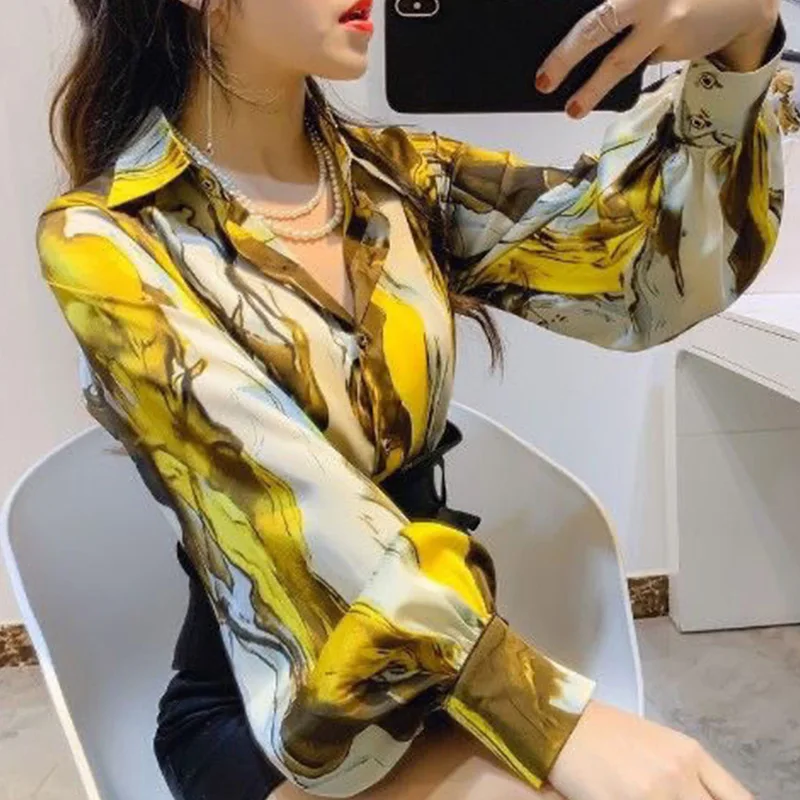 Women Clothing Temperament Printing Chiffon Turn-down Collar Puff Sleeve Shirts Autumn Korean Buttons Loose Blouse Female Tops jacket for female spring and fall new french fashion lapel love buttons temperament short paragraph blouse