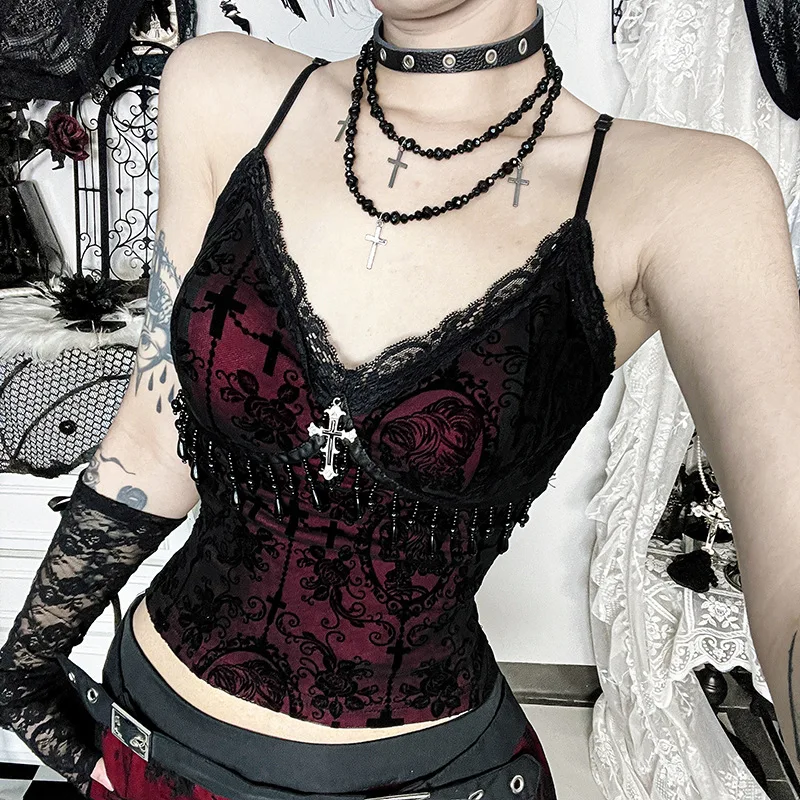 Vintage Mall Gothic Flocking Camisole Women Aesthetic Fairycore Grunge Y2k E-girl Lace Patchwork Beading Crop Tank Tops 2