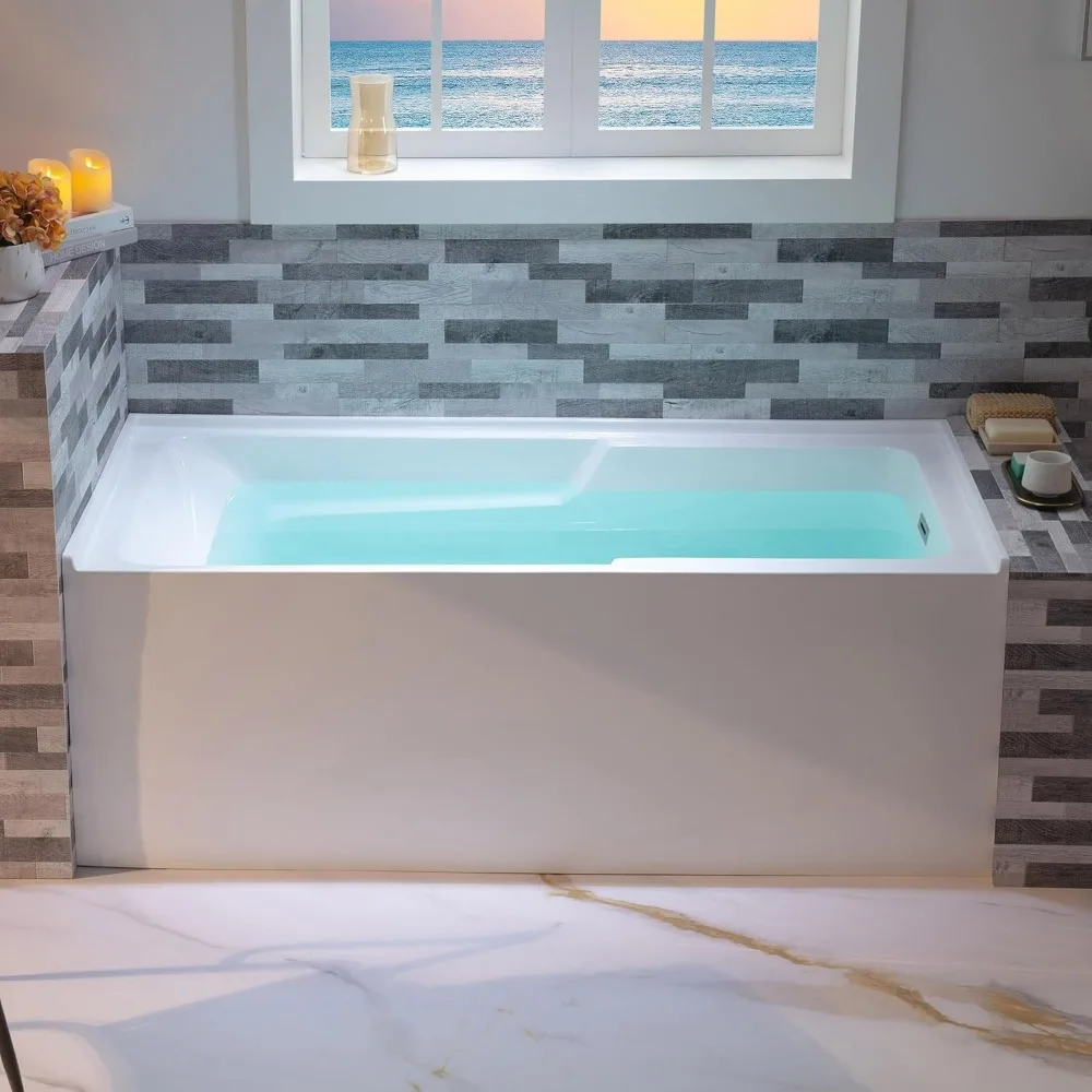 60" Acrylic Alcove Soaking Bathtub with Right Drain，Brushed Nickel Pop-Up Drain Included，Easy Installation，Non-Slip Bathtub 4