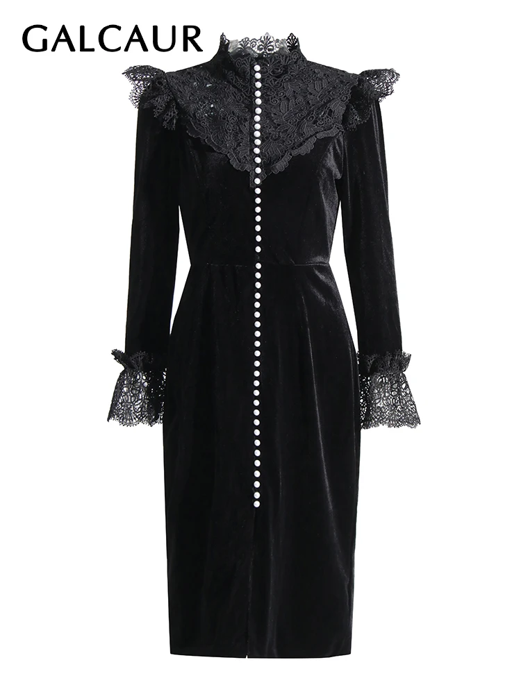 

GALCAUR Elegant Slimming Dress For Women Stand Collar Flare Sleeve High Waist Single Breasted Spliced Lace Solid Dresses Female