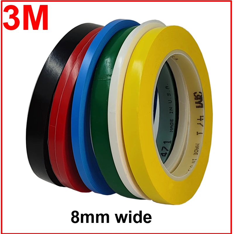 

8mm 3M 471 premium perfomance strong vinyl tape length 33M bundle set for Decoration, Masking YELLOW BLACK BLUE WHITE RED GREEN