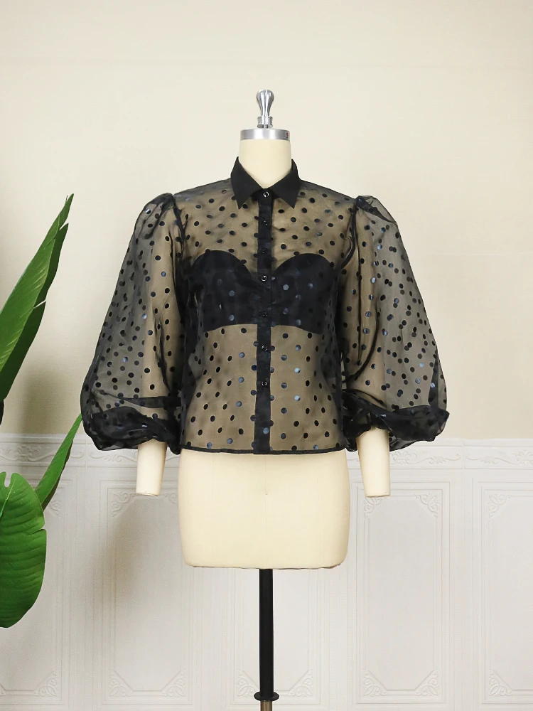 OEM Women's Blouse Lantern Sleeve Polka DOT Top Long Sleeve Shirt