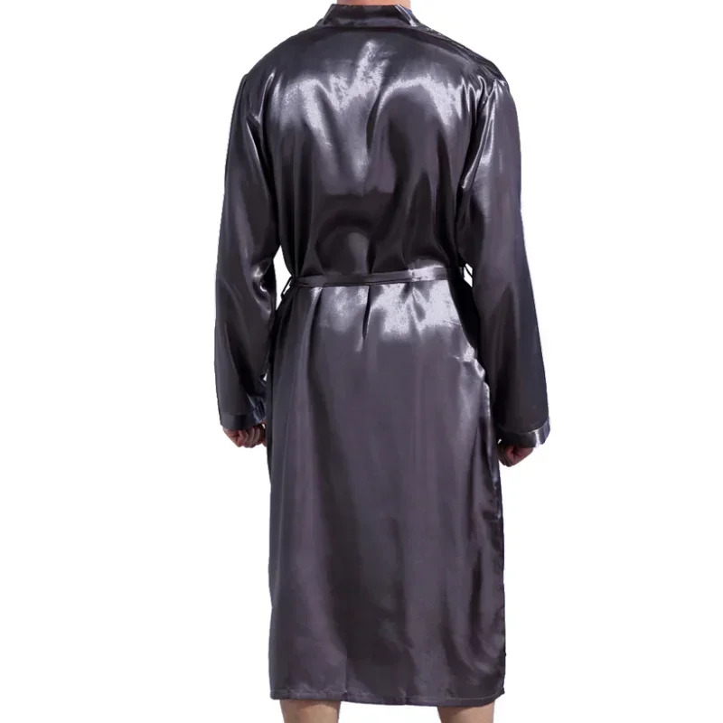 Men Satin Silk Bathrobe Solid Color Long Sleeve V-neck Nightgown Long Robe Man Silk Robe Pajama Sleepwear Kimono Casual Bathrobe