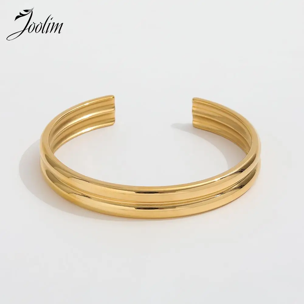 

Joolim Jewelry High End PVD Waterproof Simple Double Cambered Cuff Stainless Steel Bracelet for Women