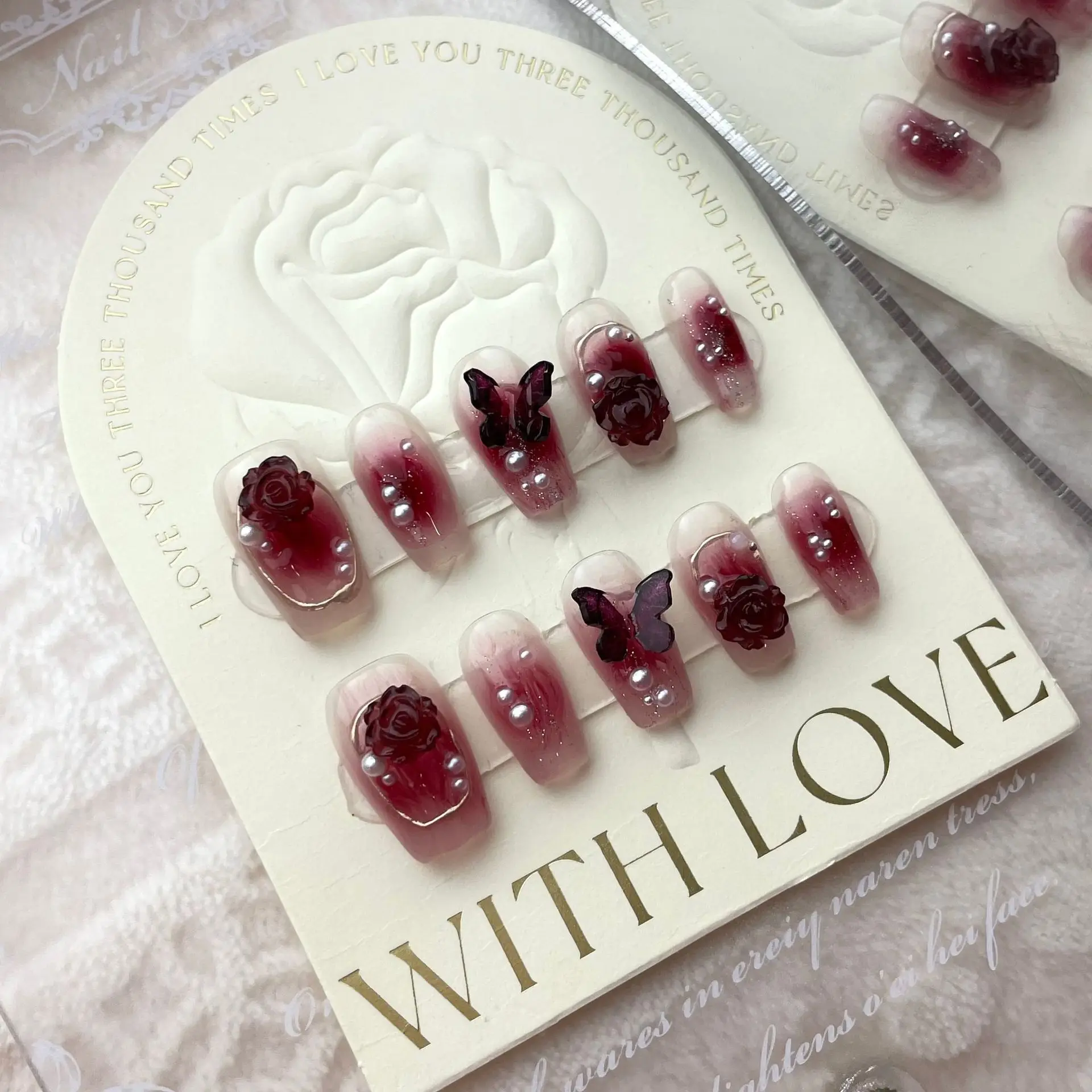 

Long Ballerina Fake Nails Gradient Wine Red Color Handmade Press on Nails Flower Butterfly Designs Full Cover False Nails 10Pcs