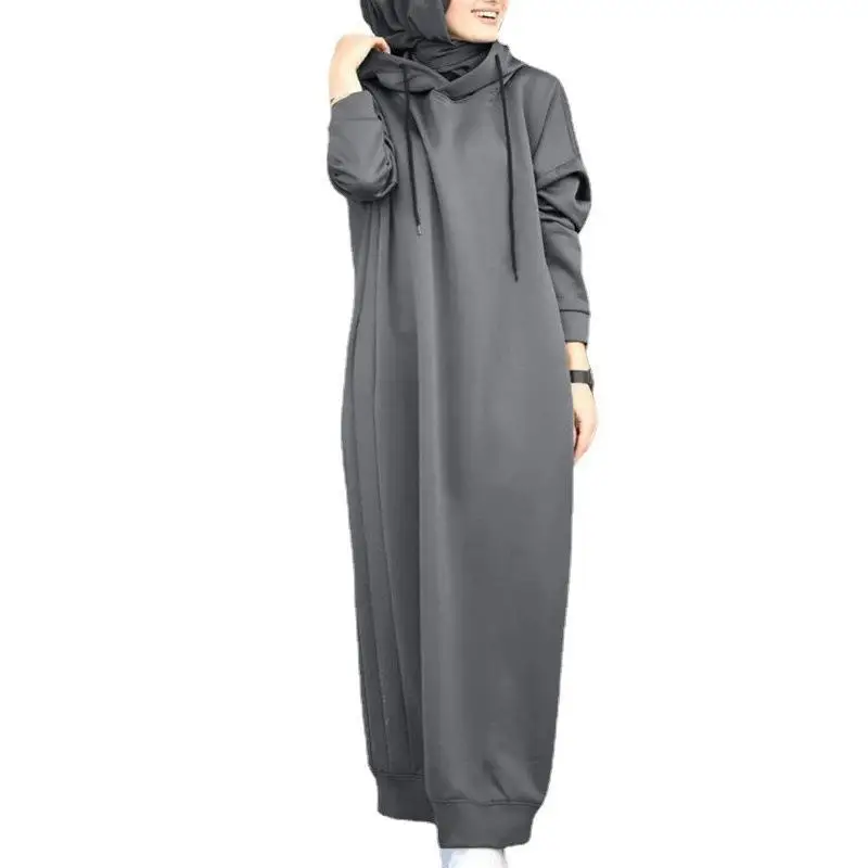 Muslim autumn women's color wooly cloth hooded drawstring loose casual pocket long sleeve women's hoodie casaco mulher longo