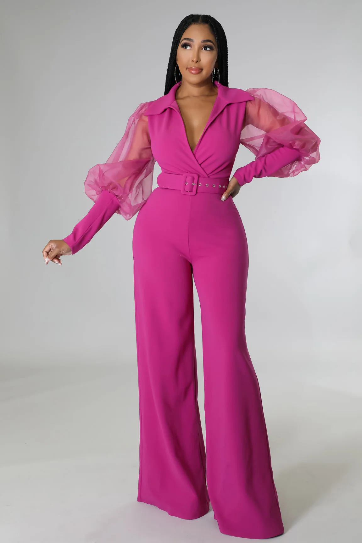 

Mesh Women S Mesh Lantern Sleeve Jumpsuit Without Belt