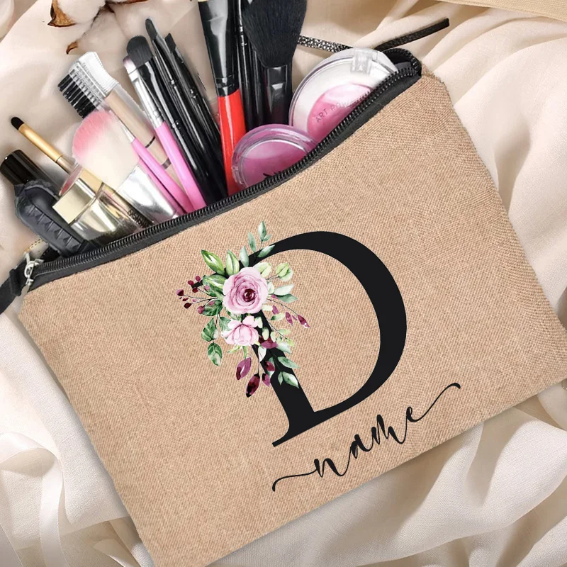 Linen Makeup Bag Customized Personalized Name Cosmetic Bag Bridesmaid Clutch Outdoor Travel Beauty  Bachelor Party Lipstick Bag 2
