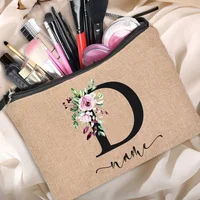 Linen Makeup Bag Customized Personalized Name Cosmetic Bag Bridesmaid Clutch Outdoor Travel Beauty  Bachelor Party Lipstick Bag 2