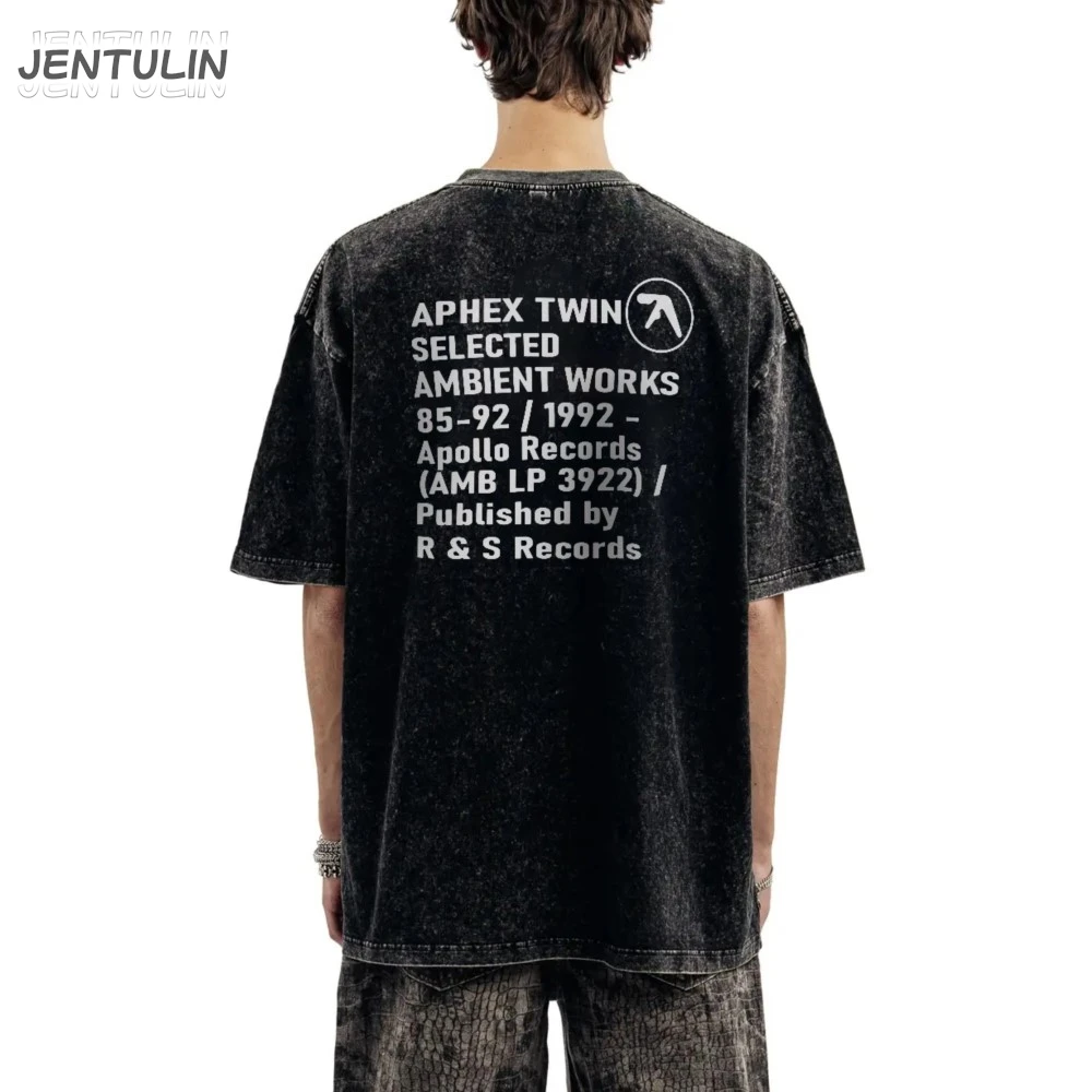 Punk Aphex Twin Print Washed Men T-Shirt Print Harajuku Oversized