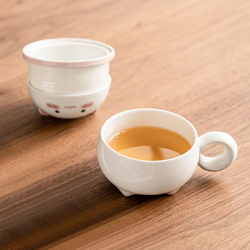 Chinese Style Cartoon Ceramic Rabbit / Panda Shaped Mug Home Office Cute Teacup With Cover, Separated Tea Cup for Tea 128ml, 1Pc