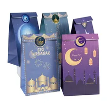 12pcs Eid Mubarak Gift Bags Ramadan Kraft Paper Bag with Sticker Islamic Muslim Festival Party Eid Al-Fitr Gift Packing Supplies