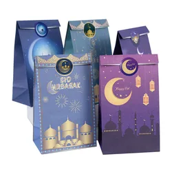 12pcs Eid Mubarak Gift Bags Ramadan Kraft Paper Bag with Sticker Islamic Muslim Festival Party Eid Al-Fitr Gift Packing Supplies