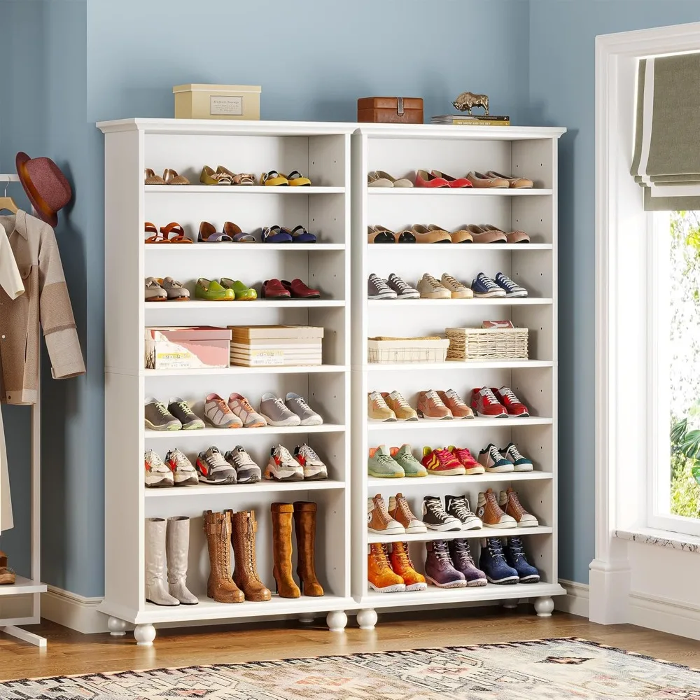9-Tier Shoe Storage Cabinet with LED Lighting, 30 Pairs Narrow Tall Freestanding Shoe Cabinet, White Wood Shoe Organizer 2